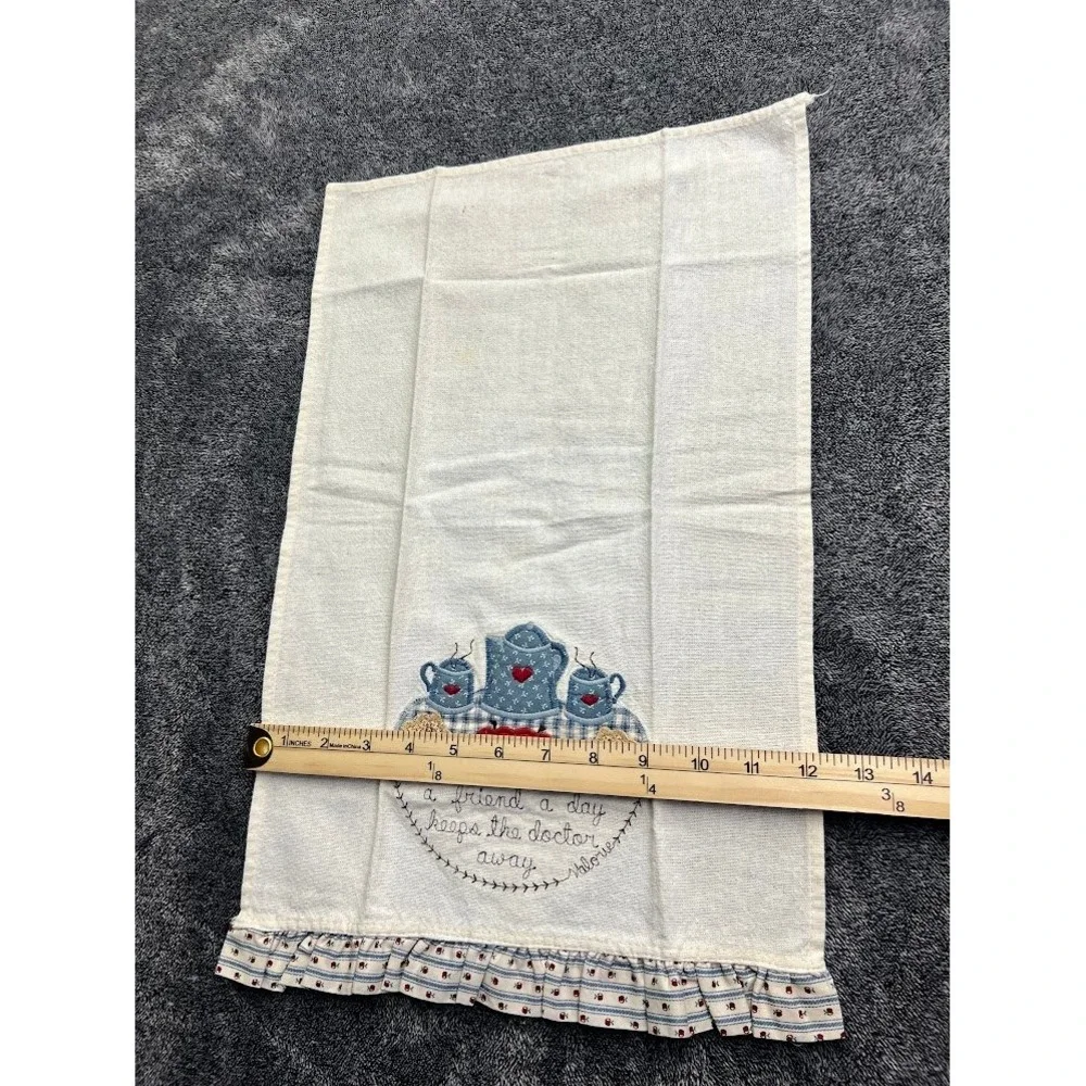 Vintage Valorie Embroidered Tea Time Kitchen Hand Towel Ruffle Hem Cream
